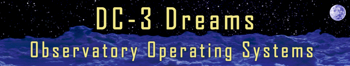 Logo for DC-3 Dreams. Mountain silhouette with sky and moon. Text reads DC-3 Dreams: Observatory Operating Systems