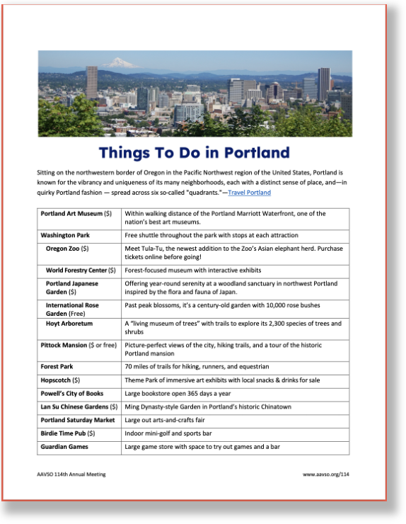 "A thumbnail of 'Things to do in Portland info sheet"
