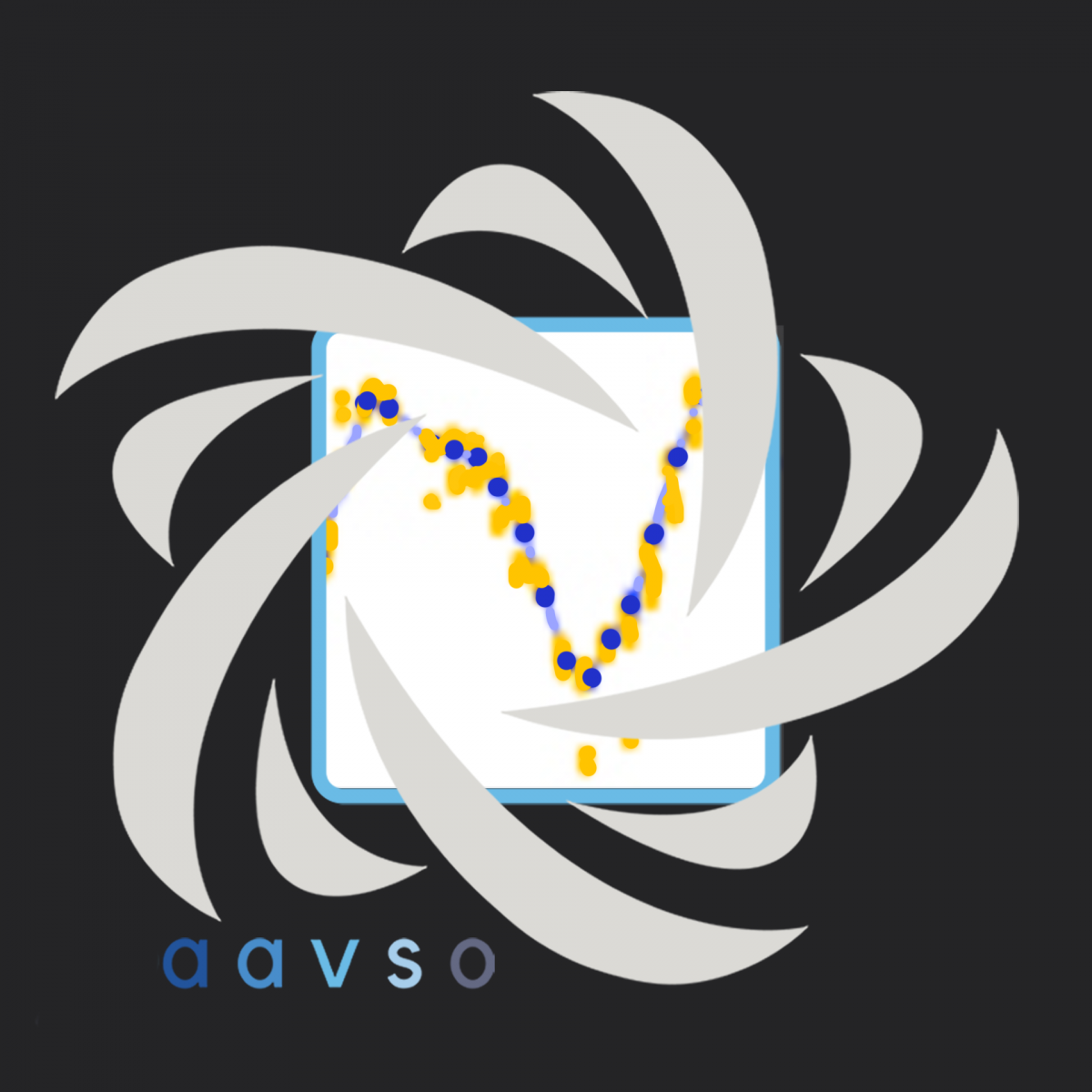 Dots along a line in a loose V shape inside the AAVSOS swirly star logo