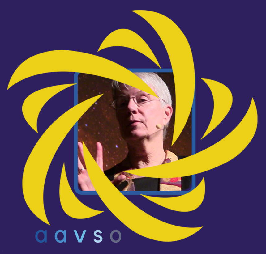 Older woman with short hair and her hand in front of her with spread fingers. Image at center of AAVSO swirly star logo