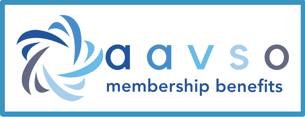 AAVSO swirly star logo and AAVSO acronym within a border. Text reads, membership benefits