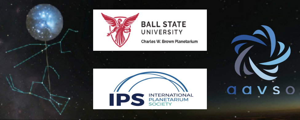 Two human-shaped star constellations and one large realistic star. Ball State University logo of a winged woman, IPS logo is three lines in an arc, and AAVSo swirly star logo. 