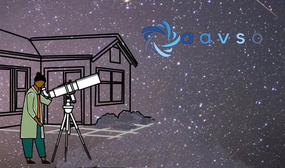 A star-dusted night sky with a graphic of a person at a telescope in front of an outline of a house. AAVSO swirly star logo in corner