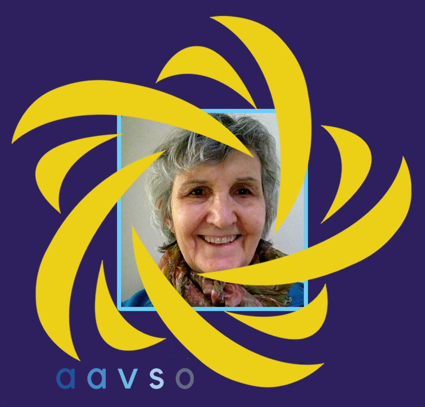 Smiling older woman with short hair wearing a scarf. Image at center of AAVSO swirly star logo